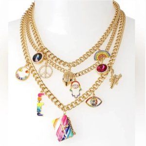 Kurt Geiger gold multi-row layered chain charm necklace w/dust bag